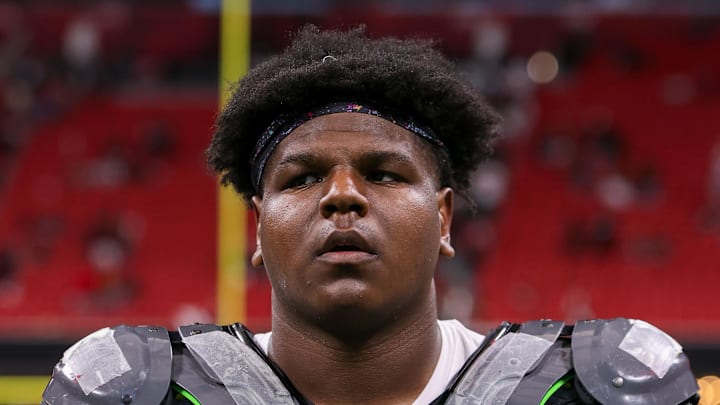 Sep 28, 2025; Atlanta, Georgia, USA; Washington Commanders offensive tackle Josh Conerly Jr. (72) on the field during a game against the Atlanta Falcons at Mercedes-Benz Stadium. Mandatory Credit: Brett Davis-Imagn Images