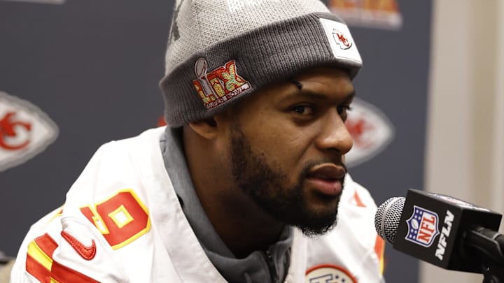 Feb 6, 2025; New Orleans, LA, USA;  Kansas City Chiefs wide receiver JuJu Smith-Schuster (9) during a press conference in advance of Super Bowl LIX at New Orleans Marriott. Mandatory Credit: Stephen Lew-Imagn Images