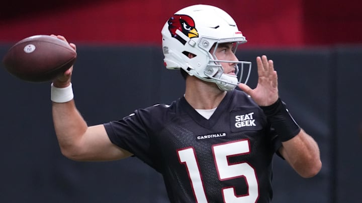 Jul 27, 2023; Glendale, AZ, USA; Arizona Cardinals quarterback Clayton Tune (15) throws during