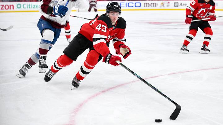 Oct 20, 2026; Newark, New Jersey, USA; New Jersey Devils defenseman Luke Hughes (43) tries to gain control of the puck as Colorado Avalanche center Parker Kelly (17) pursues during the third period at Prudential Center. Mandatory Credit: John Jones-Imagn Images Oct 20, 2026; Newark, New Jersey, USA; New Jersey Devils defenseman Luke Hughes (43) tries to gain control of the puck as Colorado Avalanche center Parker Kelly (17) pursues during the third period at Prudential Center. Mandatory Credit: John Jones-Imagn Images