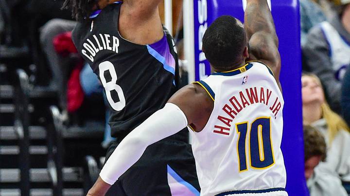 Mar 2, 2026; Salt Lake City, Utah, USA; Utah Jazz guard Isaiah Collier (8) takes a jump shot around Denver Nuggets guard/forward Tim Hardaway Jr. (10) during the second half at Delta Center. Mandatory Credit: Peter Creveling-Imagn Images Mar 2, 2026; Salt Lake City, Utah, USA; Utah Jazz guard Isaiah Collier (8) takes a jump shot around Denver Nuggets guard/forward Tim Hardaway Jr. (10) during the second half at Delta Center. Mandatory Credit: Peter Creveling-Imagn Images
