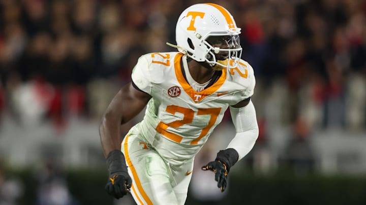 Nov 16, 2024; Athens, Georgia, USA; Tennessee Volunteers defensive lineman James Pearce Jr. (27) rushes the passer against the Georgia Bulldogs in the second quarter at Sanford Stadium. Mandatory Credit: Brett Davis-Imagn Images