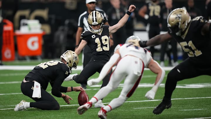 Oct 12, 2025; New Orleans, Louisiana, USA; New Orleans Saints kicker Blake Grupe (19) kicks a field goal during the second half against the New England Patriots at Caesars Superdome. Mandatory Credit: Matthew Hinton-Imagn Images