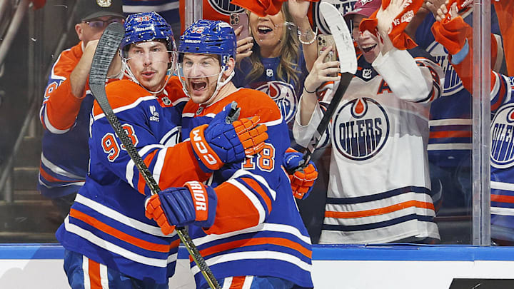 The Edmonton Oilers celebrate a goal scored by forward Ryan Nugent-Hopkins (93) 