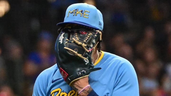 Milwaukee Brewers pitcher Devin Williams (38) walks off the mound