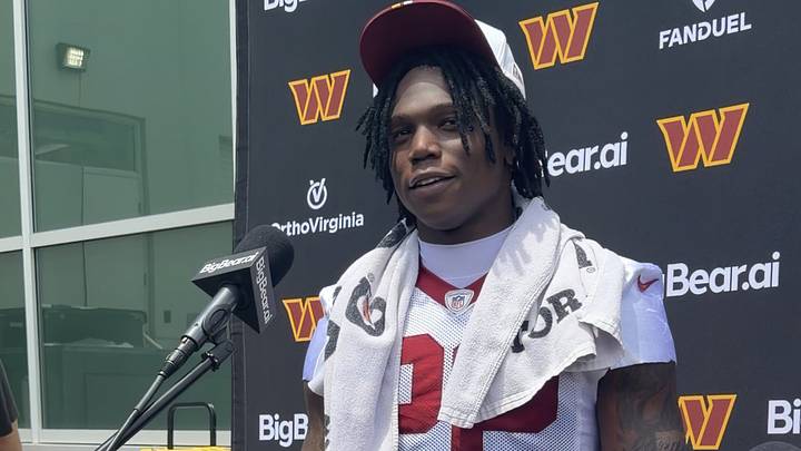 Washington Commanders running back Jacory 'Bill' Croskey-Merritt talks to reporters at mandatory minicamp. Washington Commanders running back Jacory 'Bill' Croskey-Merritt talks to reporters at mandatory minicamp.