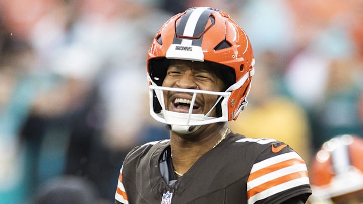 Dec 29, 2024; Cleveland, Ohio, USA; Cleveland Browns quarterback Jameis Winston (5) laughs during warm ups before the game against the Miami Dolphins at Huntington Bank Field. Mandatory Credit: Scott Galvin-Imagn Images