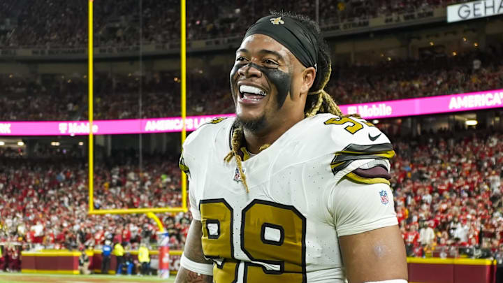 Oct 7, 2024; Kansas City, Missouri, USA; New Orleans Saints defensive end Chase Young (99) reacts during the second half against the Kansas City Chiefs at GEHA Field at Arrowhead Stadium. Mandatory Credit: Jay Biggerstaff-Imagn Images
