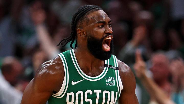 Jun 17, 2024; Boston, Massachusetts, USA; Boston Celtics guard Jaylen Brown (7) celebrates after making a three pointer against the Dallas Mavericks in game five of the 2024 NBA Finals at TD Garden. Mandatory Credit: Peter Casey-Imagn Images