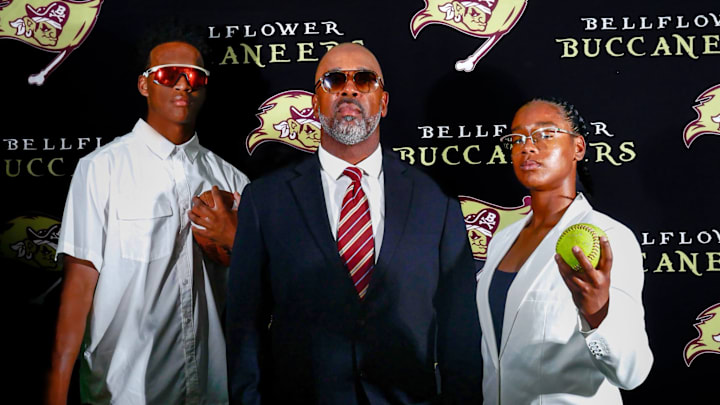 Bellflower High's new football coach, Keith Miller, along side his son Austin (left) and daughter Jazelle, posing for a photo before the 2025 season kicks off.