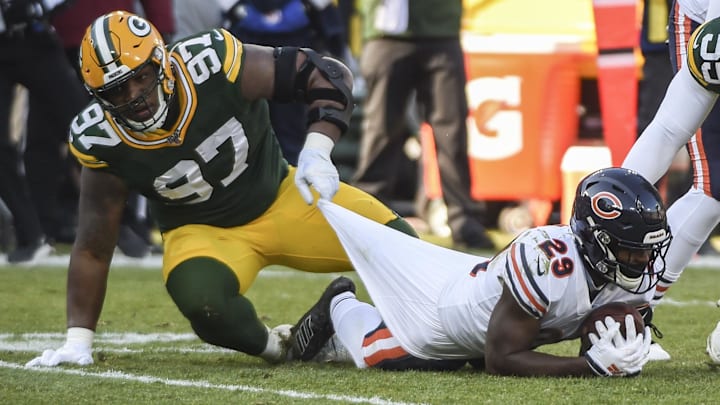 Kenny Clark gets his hands on Tarik Cohen and drops him to the turf in 2019. Kenny Clark gets his hands on Tarik Cohen and drops him to the turf in 2019.