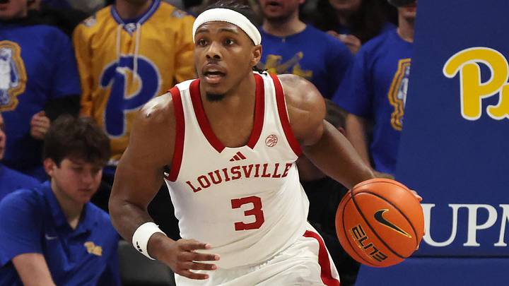 Jan 17, 2026; Pittsburgh, Pennsylvania, USA; Louisville Cardinals guard Ryan Conwell (3) brings the ball up court against the Pittsburgh Panthers during the first half at the Petersen Events Center. Mandatory Credit: Charles LeClaire-Imagn Images