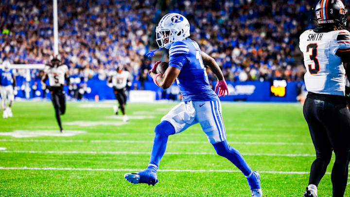 BYU wide receiver Keelan Marion scores a touchdown against Oklahoma State