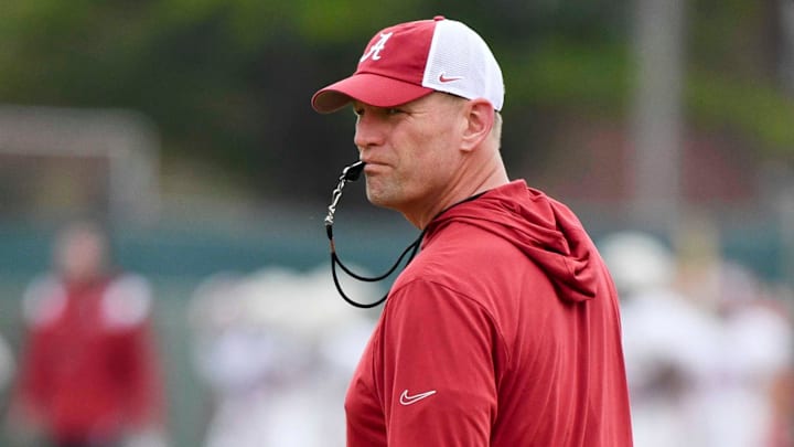 Mar 21, 2024; Tuscaloosa, Alabama, USA; Alabama head coach Kalen DeBoer watches his offensive line go through drills during practice at the University Alabama Thursday.