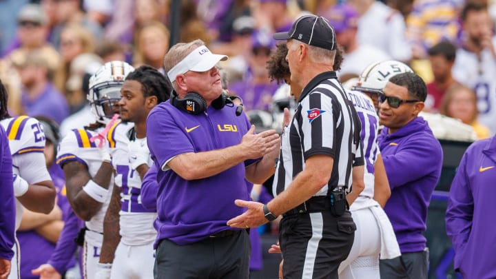 Nov 25, 2023; Baton Rouge, Louisiana, USA;  LSU Tigers head coach Brian Kelly against the Texas A&M Aggies during the second half at Tiger Stadium. Mandatory Credit: Stephen Lew-USA TODAY Sports