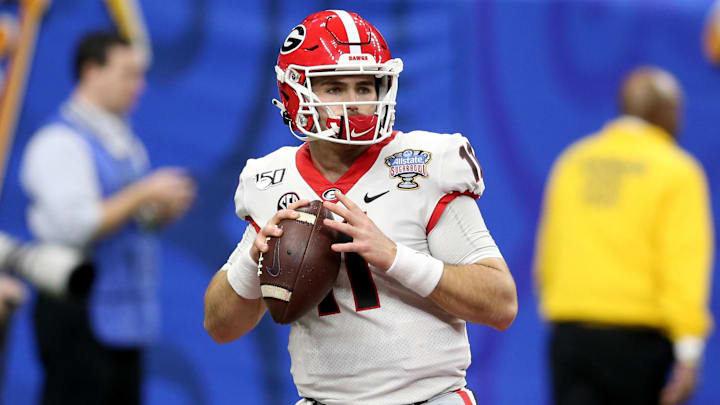 Jan 1, 2020; New Orleans, Louisiana, USA; Georgia Bulldogs quarterback Jake Fromm (11) warms up before his team plays the Baylor Bears in the Sugar Bowl at the Mercedes-Benz Superdome. Mandatory Credit: Chuck Cook-Imagn Images