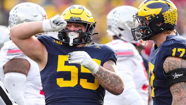 Nov 25, 2023; Ann Arbor, MI, USA; Michigan defensive lineman Mason Graham celebrates a tackle against Ohio State during the second half at Michigan Stadium in Ann Arbor on Saturday, Nov. 25, 2023. Mandatory Credit: Junfu Han-Imagn Images Nov 25, 2023; Ann Arbor, MI, USA; Michigan defensive lineman Mason Graham celebrates a tackle against Ohio State during the second half at Michigan Stadium in Ann Arbor on Saturday, Nov. 25, 2023. Mandatory Credit: Junfu Han-Imagn Images