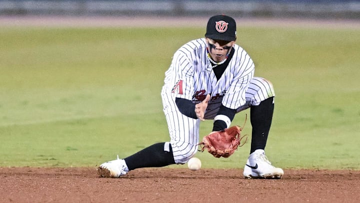 Visalia Rawhide's Cristofer Torin plays shortstop against San Jose Giants on Tuesday, April 9, 2024 for their opening home game.