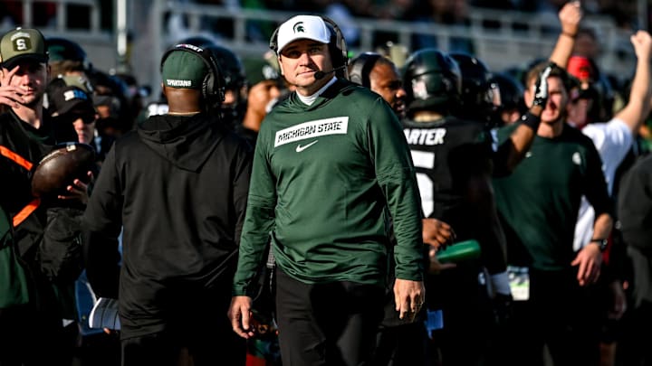 Michigan State's head coach Jonathan Smith looks on form the sideline during the first quarter in the game against Indiana on Saturday, Nov. 2, 2024, at Spartan Stadium in East Lansing.