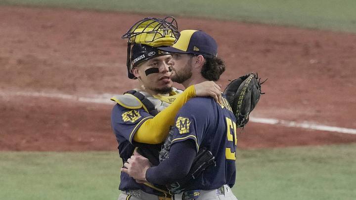 Milwaukee Brewers pitcher Shane Drohan and Milwaukee Brewers catcher William Contreras.