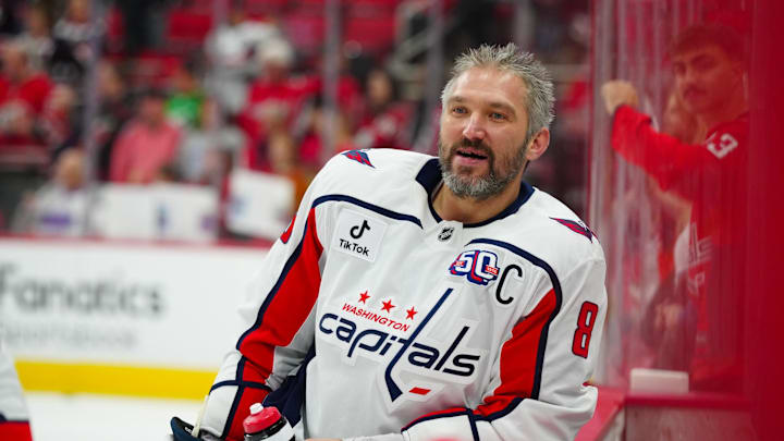 Nov 3, 2024; Raleigh, North Carolina, USA;  Washington Capitals left wing Alex Ovechkin (8) looks on during the warmups gf against the Carolina Hurricanes against the Carolina Hurricanes at Lenovo Center. Mandatory Credit: James Guillory-Imagn Images