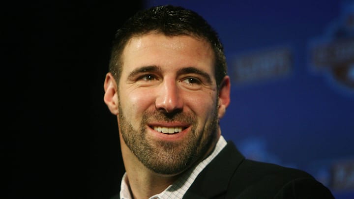 2008: Patriots linebacker Mike Vrabel talks to the media this afternoon.