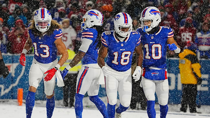 Bills wide receivers Mack Hollins, Amari Cooper and Khalil Shakir run off the field during first half action of their home game against the San Francisco 49ers in Orchard Park on Dec. 1, 2024.