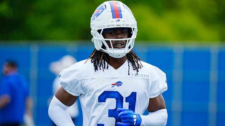 Buffalo Bills Maxwell Hairston jogs to another area of the field during voluntary workout at their practice facility.