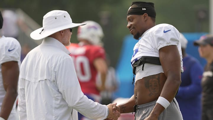 Buffalo Bills head coach Sean McDermott stops to talk with WR Joshua Palmer before Bills Training Camp.