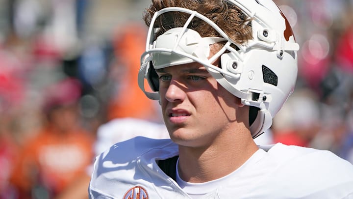 Texas Longhorns quarterback Arch Manning (16) on the field for warm ups before the Ohio State and Texas game at Ohio Stadium in Columbus, Ohio on Aug 30, 2025.