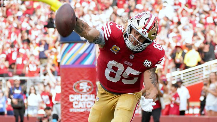 Oct 4, 2026; Santa Clara, California, USA; San Francisco 49ers tight end George Kittle (85) spikes the ball after scoring a touchdown against the Denver Broncos during the fourth quarter at Levi's Stadium. Mandatory Credit: David Gonzales-Imagn Images Oct 4, 2026; Santa Clara, California, USA; San Francisco 49ers tight end George Kittle (85) spikes the ball after scoring a touchdown against the Denver Broncos during the fourth quarter at Levi's Stadium. Mandatory Credit: David Gonzales-Imagn Images
