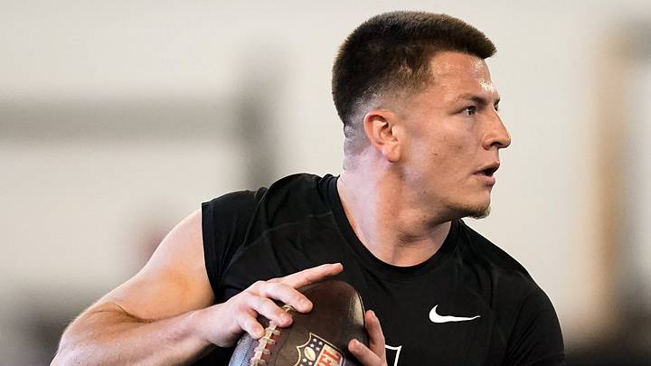 Vanderbilt quarterback Diego Pavia gets into passing position during football pro day at Vanderbilt University in Nashville, Tenn., Friday, March 20, 2026. Vanderbilt quarterback Diego Pavia gets into passing position during football pro day at Vanderbilt University in Nashville, Tenn., Friday, March 20, 2026.