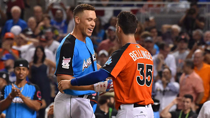 Jul 10, 2017; Miami, FL, USA; National League outfielder Cody Bellinger (35) of the Los Angeles Dodgers greets American League outfielder Aaron Judge (99) of the New York Yankees after the second round during the 2017 MLB Home Run Derby at Marlins Park. Mandatory Credit: Jasen Vinlove-Imagn Images Jul 10, 2017; Miami, FL, USA; National League outfielder Cody Bellinger (35) of the Los Angeles Dodgers greets American League outfielder Aaron Judge (99) of the New York Yankees after the second round during the 2017 MLB Home Run Derby at Marlins Park. Mandatory Credit: Jasen Vinlove-Imagn Images