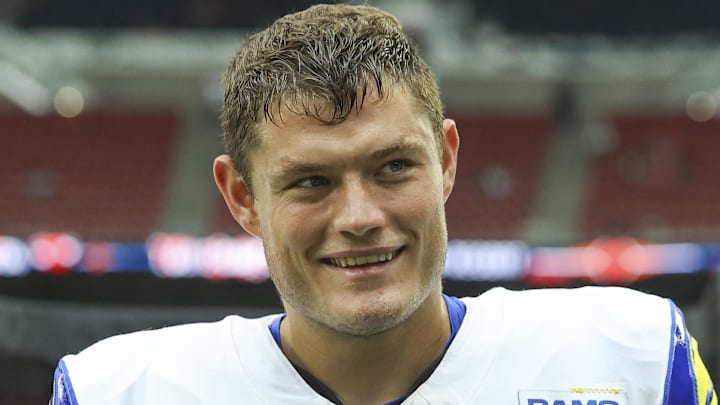 Aug 24, 2024; Houston, Texas, USA; Los Angeles Rams punter Ethan Evans (42) before the game against the Houston Texans at NRG Stadium. Mandatory Credit: Troy Taormina-Imagn Images