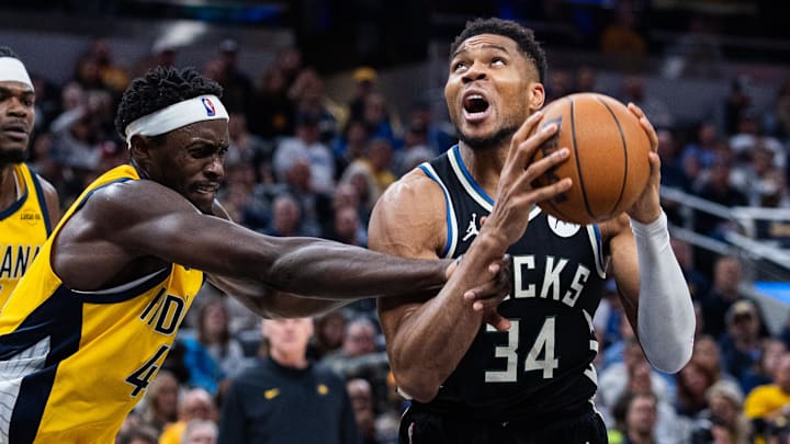 Nov 3, 2025; Indianapolis, Indiana, USA; Milwaukee Bucks forward Giannis Antetokounmpo (34) shoots the ball while Indiana Pacers forward Pascal Siakam (43) defends in the second half at Gainbridge Fieldhouse. Mandatory Credit: Trevor Ruszkowski-Imagn Images Nov 3, 2025; Indianapolis, Indiana, USA; Milwaukee Bucks forward Giannis Antetokounmpo (34) shoots the ball while Indiana Pacers forward Pascal Siakam (43) defends in the second half at Gainbridge Fieldhouse. Mandatory Credit: Trevor Ruszkowski-Imagn Images
