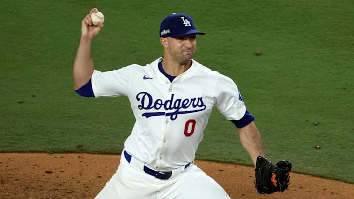 Oct 13, 2024; Los Angeles, California, USA; Los Angeles Dodgers pitcher Jack Flaherty (0) throws a pitch against the New York Mets in the fifth inning during game one of the NLCS for the 2024 MLB Playoffs at Dodger Stadium. 