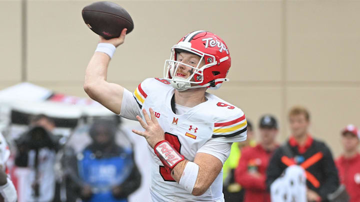 Sep 28, 2024; Bloomington, Indiana, USA;  Maryland Terrapins quarterback Billy Edwards Jr. (9) throws a pass against the Indiana Hoosiers during the first half at Memorial Stadium. Mandatory Credit: Robert Goddin-Imagn Images