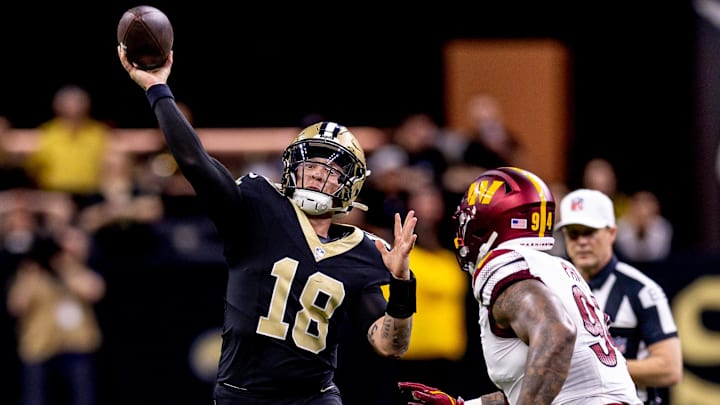 New Orleans Saints quarterback Spencer Rattler (18) throws a pass against Washington New Orleans Saints quarterback Spencer Rattler (18) throws a pass against Washington