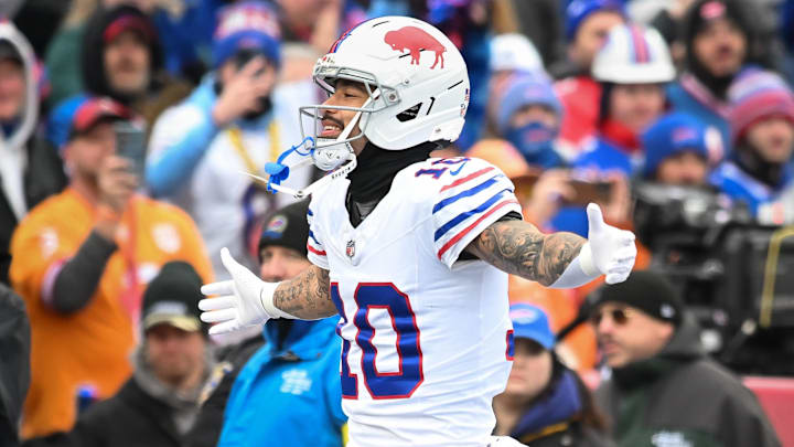 Buffalo Bills wide receiver Khalil Shakir (10) enters the field before a game against the Tampa Bay Buccaneers at Highmark Stadium.