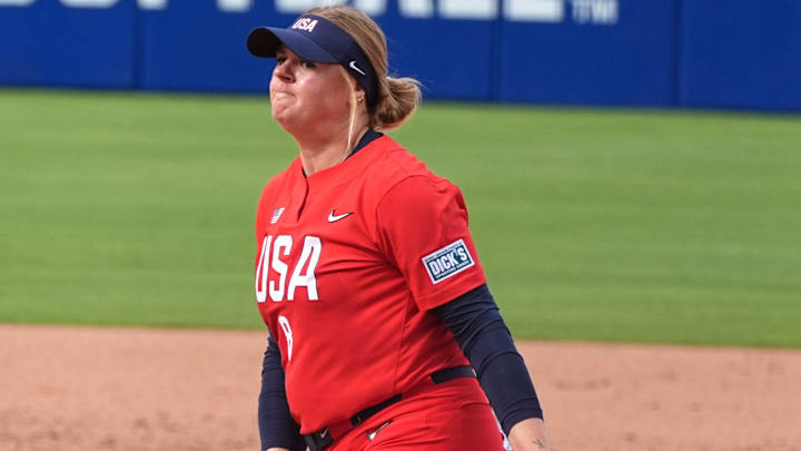 Lexi Kilfoyl, AUSL All-Star Cup pitcher and Orange team captain, throws a pitch as a member of USA Softball during the All-Star Showcase at Devon Park on June 27, 2025 in Oklahoma City.