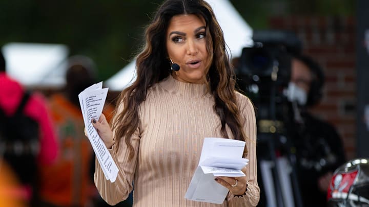 Sports commentator Molly Qerim Rose speaks to the crowd during a live taping of ESPN's “First Take”.