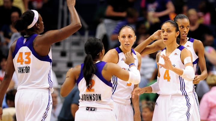 Sep 11, 2011; Phoenix, AZ, USA; Phoenix Mercury forward Nakia Sanford (43) , guard Temeka Johnson (2) , Diana Taurasi (3) , forward Candice Dupree (4) , guard DeWanna Bonner (24) react on the court while playing against the Minnesota Lynx during the first half at the US Airways Center.  The Lynx defeated the Mercury 96-90. Mandatory Credit: Jennifer Stewart-Imagn Images