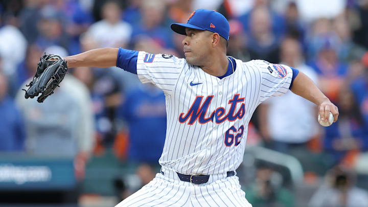 Oct 9, 2024; New York, New York, USA; New York Mets pitcher Jose Quintana (62) throws a pitch against the Philadelphia Phillies in the first inning in game four of the NLDS for the 2024 MLB Playoffs at Citi Field. Oct 9, 2024; New York, New York, USA; New York Mets pitcher Jose Quintana (62) throws a pitch against the Philadelphia Phillies in the first inning in game four of the NLDS for the 2024 MLB Playoffs at Citi Field.