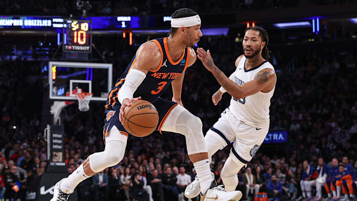 Feb 6, 2024; New York, New York, USA; New York Knicks guard Josh Hart (3) dribbles against New York Knicks center Derrick Rose (23) during the first half at Madison Square Garden. Mandatory Credit: Vincent Carchietta-Imagn Images Feb 6, 2024; New York, New York, USA; New York Knicks guard Josh Hart (3) dribbles against New York Knicks center Derrick Rose (23) during the first half at Madison Square Garden. Mandatory Credit: Vincent Carchietta-Imagn Images