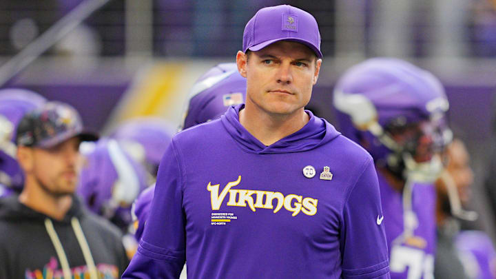 Oct 19, 2025; Minneapolis, Minnesota, USA; Minnesota Vikings head coach Kevin O'Connell looks on during warm-ups before the game against the Philadelphia Eagles at U.S. Bank Stadium.