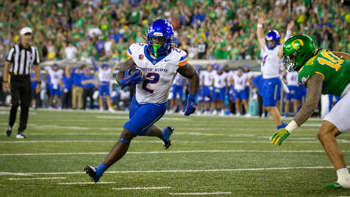 Boise State running back Ashton Jeanty carries the ball for a touchdown as the Oregon Ducks host the Boise State Broncos Saturday, Sept. 7, 2024 at Autzen Stadium in Eugene, Ore.