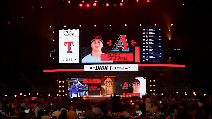 Jul 14, 2024; Ft. Worth, TX, USA; Slade Caldwell is drafted by the Arizona Diamondbacks with the 29th pick during the first round of the MLB Draft at Cowtown Coliseum. Mandatory Credit: Kevin Jairaj-Imagn Images Jul 14, 2024; Ft. Worth, TX, USA; Slade Caldwell is drafted by the Arizona Diamondbacks with the 29th pick during the first round of the MLB Draft at Cowtown Coliseum. Mandatory Credit: Kevin Jairaj-Imagn Images