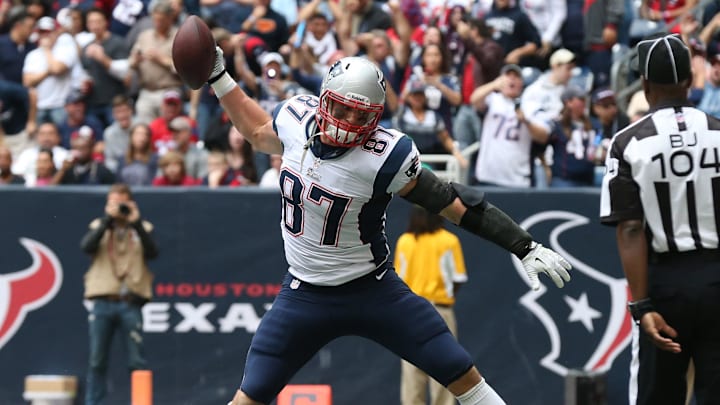 Dec 1, 2013; Houston, TX, USA; New England Patriots tight end Rob Gronkowski (87) spikes the