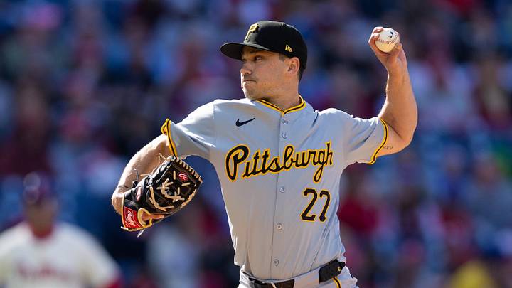Apr 13, 2024; Philadelphia, Pennsylvania, USA; Pittsburgh Pirates pitcher Marco Gonzales (27) throws a pitch during the first inning against the Philadelphia Phillies at Citizens Bank Park. Mandatory Credit: Bill Streicher-Imagn Images