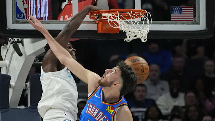 Feb 13, 2025; Minneapolis, Minnesota, USA; Minnesota Timberwolves guard Anthony Edwards (5) dunks against Oklahoma City Thunder center Chet Holmgren (7) in the first quarter at Target Center. Mandatory Credit: Bruce Kluckhohn-Imagn Images Feb 13, 2025; Minneapolis, Minnesota, USA; Minnesota Timberwolves guard Anthony Edwards (5) dunks against Oklahoma City Thunder center Chet Holmgren (7) in the first quarter at Target Center. Mandatory Credit: Bruce Kluckhohn-Imagn Images